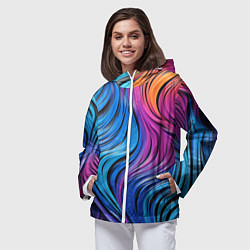 Ветровка с капюшоном женская Абстрактные неоновые линии, цвет: 3D-белый — фото 2
