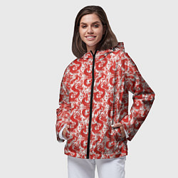 Ветровка с капюшоном женская Красные драконы на белом фоне, цвет: 3D-черный — фото 2