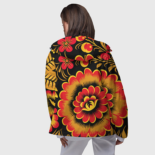 Женская ветровка Хохломская роспись красно-жёлтые цветы на чёрном ф / 3D-Черный – фото 4