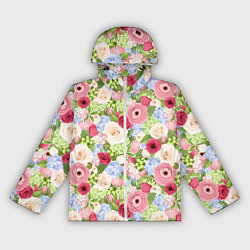 Ветровка с капюшоном женская Фон с розами, лютиками и гортензиями, цвет: 3D-белый