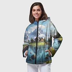 Ветровка с капюшоном женская Чудесный день на берегу озера в горах, цвет: 3D-черный — фото 2