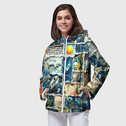 Ветровка с капюшоном женская Космические обитатели - пэчворк, цвет: 3D-белый — фото 2