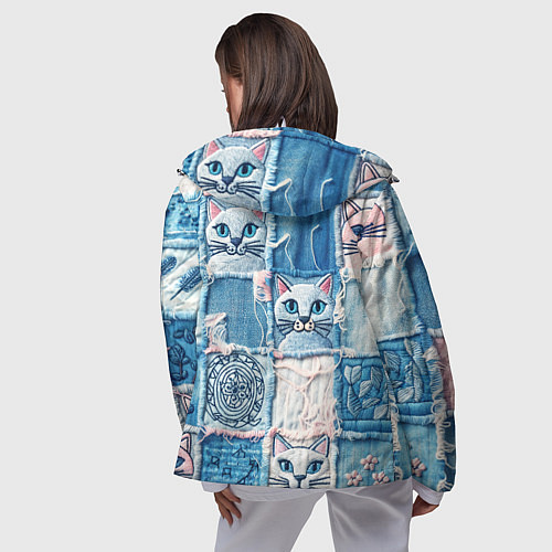 Женская ветровка Кошки на пэчворк джинсах паттерн / 3D-Белый – фото 4