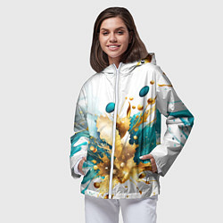 Ветровка с капюшоном женская Бирюзово голубая абстракция, брызги краски на бело, цвет: 3D-белый — фото 2
