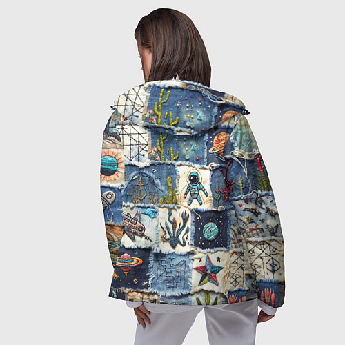 Женская ветровка Джинсовый пэчворк с пришельцами / 3D-Белый – фото 4