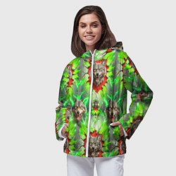 Ветровка с капюшоном женская Волки из зеленого паттерна, цвет: 3D-белый — фото 2