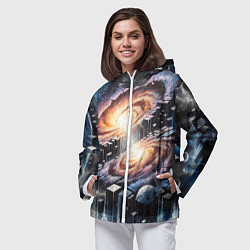 Ветровка с капюшоном женская Слияние двух галактик - неоновое свечение, цвет: 3D-белый — фото 2