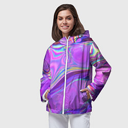 Ветровка с капюшоном женская Неоновый розовый бензин, цвет: 3D-белый — фото 2
