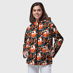 Ветровка с капюшоном женская Разноцветный орнамент лисы паттерном, цвет: 3D-черный — фото 2