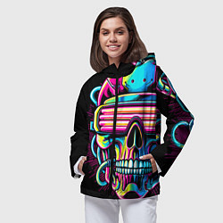 Ветровка с капюшоном женская Cyber skull - ai art neon, цвет: 3D-черный — фото 2