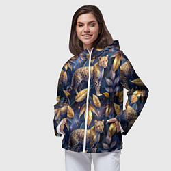 Ветровка с капюшоном женская Леопард с золотыми листьями паттерны, цвет: 3D-белый — фото 2