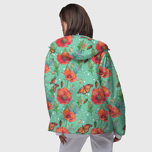 Женская ветровка Красные маки и бабочка монарх / 3D-Белый – фото 4