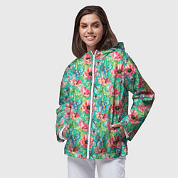 Ветровка с капюшоном женская Синицы и маки, цвет: 3D-белый — фото 2