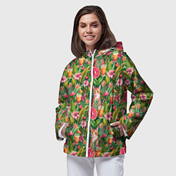 Ветровка с капюшоном женская Летний котик с коктейлем в тропических цветах, цвет: 3D-белый — фото 2