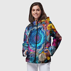 Ветровка с капюшоном женская Вязаные цветы - пэчворк, цвет: 3D-черный — фото 2