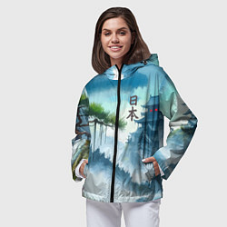 Ветровка с капюшоном женская Японский пейзаж - акварель живопись, цвет: 3D-черный — фото 2