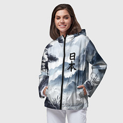 Ветровка с капюшоном женская Японский пейзаж - нейросеть, цвет: 3D-черный — фото 2