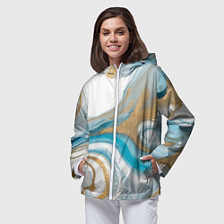 Ветровка с капюшоном женская Бело-голубой с золотом абстрактный узор, цвет: 3D-белый — фото 2