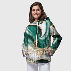Ветровка с капюшоном женская Зеленые волны и золотые веточки, цвет: 3D-белый — фото 2