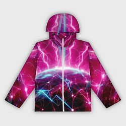 Ветровка с капюшоном женская Неоновые молнии ударяют в планету - нейроарт, цвет: 3D-белый