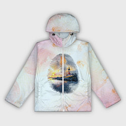 Ветровка с капюшоном женская Маяк у моря на закате в отпечатке пальца, цвет: 3D-белый