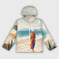 Ветровка с капюшоном женская Летний пейзаж с женщиной на пляже, цвет: 3D-белый