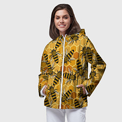 Ветровка с капюшоном женская Пчелы на сотах паттерн, цвет: 3D-белый — фото 2