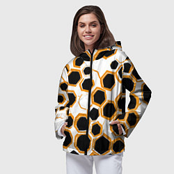 Ветровка с капюшоном женская Чёрно-жёлтые шестиугольники на белом фоне, цвет: 3D-черный — фото 2