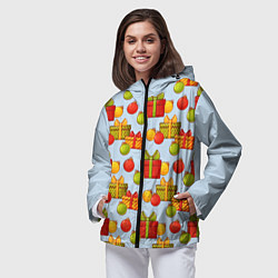 Ветровка с капюшоном женская Новогодний паттерн с подарками и ёлочными шариками, цвет: 3D-черный — фото 2