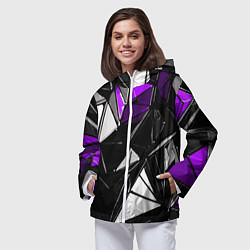 Ветровка с капюшоном женская Фиолетово-белые рельефные треугольники на чёрном ф, цвет: 3D-белый — фото 2