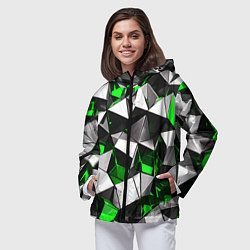 Ветровка с капюшоном женская Зелёно-белые рельефные треугольники на чёрном фоне, цвет: 3D-черный — фото 2