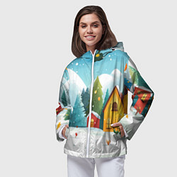 Ветровка с капюшоном женская Новогодний городок иллюстрация, цвет: 3D-белый — фото 2