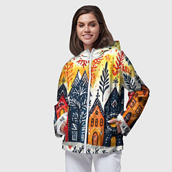 Ветровка с капюшоном женская Разноцветные новогодние дома, цвет: 3D-белый — фото 2