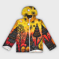 Ветровка с капюшоном женская Елочки на фоне оранжевого неба, цвет: 3D-белый