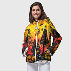 Ветровка с капюшоном женская Елочки на фоне оранжевого неба, цвет: 3D-белый — фото 2