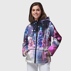 Ветровка с капюшоном женская Новогоднее настроение фонариков, цвет: 3D-черный — фото 2