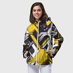 Ветровка с капюшоном женская Бело-жёлтый техно паттерн на чёрном фоне, цвет: 3D-белый — фото 2