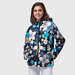 Ветровка с капюшоном женская Сине-белые цветы на чёрном фоне, цвет: 3D-черный — фото 2