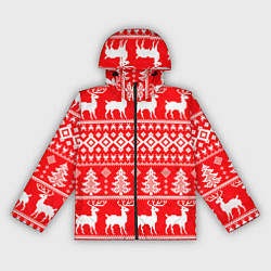 Женская ветровка Новогодние мотивы елки и олени на красном