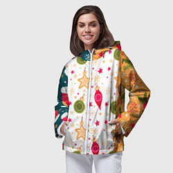 Ветровка с капюшоном женская Новогодние паттерны комбинация, цвет: 3D-белый — фото 2