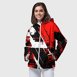 Ветровка с капюшоном женская Diagonal black and white stripes on a red backgrou, цвет: 3D-белый — фото 2