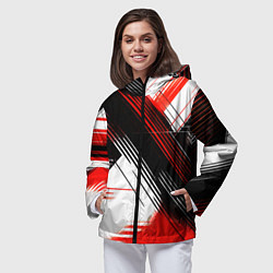 Ветровка с капюшоном женская Диагональные красно-чёрные линии на белом фоне, цвет: 3D-черный — фото 2