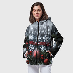 Ветровка с капюшоном женская Новогодние снежинки, цвет: 3D-черный — фото 2