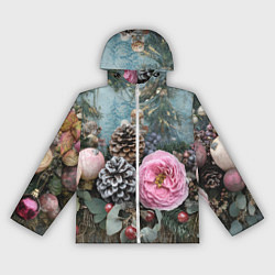 Ветровка с капюшоном женская Новогодние цветы и шишки, цвет: 3D-белый
