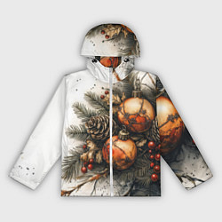Ветровка с капюшоном женская Новогодние игрушки и шишки, цвет: 3D-белый