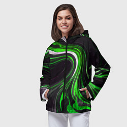 Ветровка с капюшоном женская Волнистые бело-зелёные линии на чёрном фоне, цвет: 3D-черный — фото 2