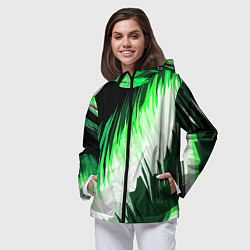 Ветровка с капюшоном женская Зелёно-белая абстракция на чёрном фоне, цвет: 3D-черный — фото 2