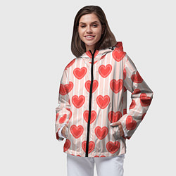 Ветровка с капюшоном женская Полосатый паттерн с красными ажурными сердечками, цвет: 3D-черный — фото 2