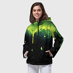 Ветровка с капюшоном женская Зеленая стекающая краска по черному фону, цвет: 3D-черный — фото 2
