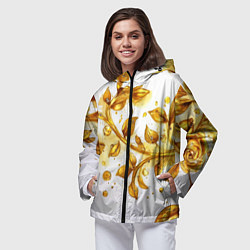 Ветровка с капюшоном женская Золотые листья на белом, цвет: 3D-черный — фото 2